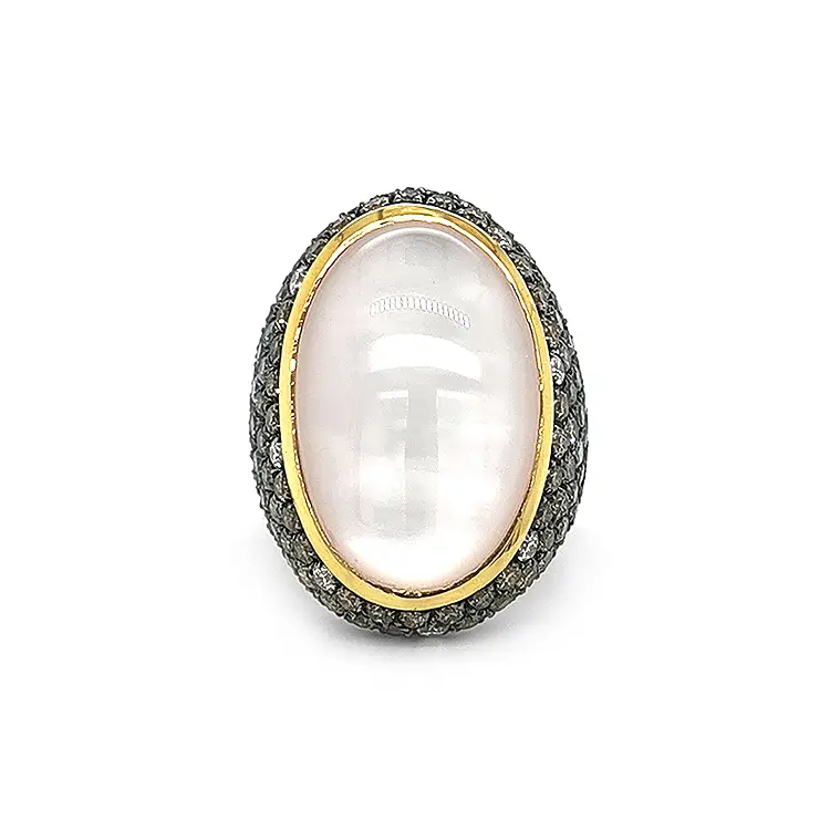 Gold Ring with Pearl, Quartz and Colored Diamonds