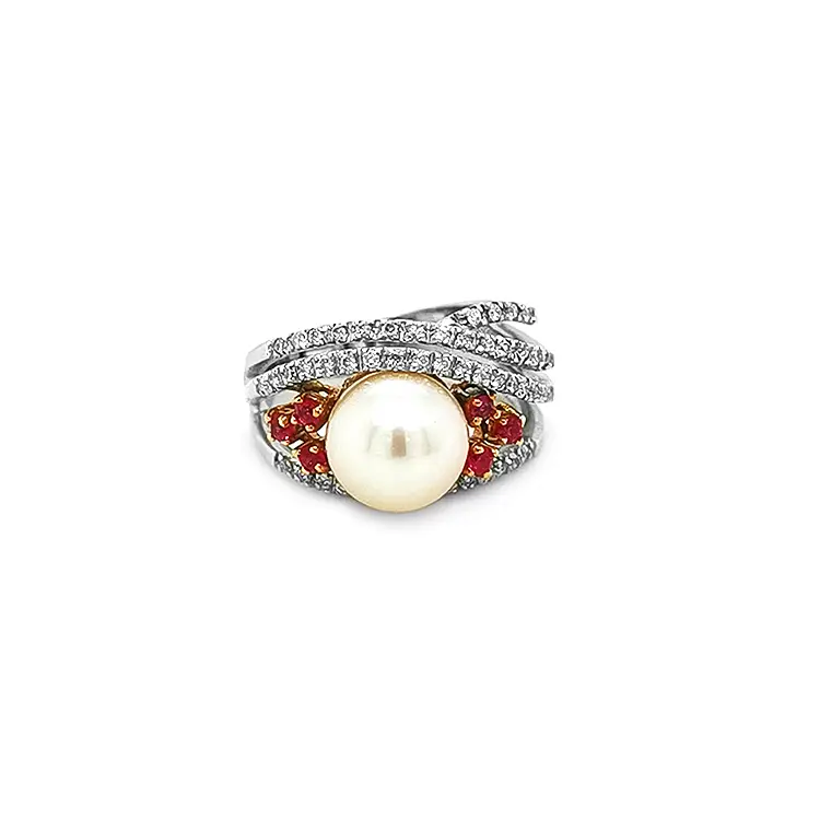 Gold Ring with Natural Pearl, Pink Sapphires and Diamonds