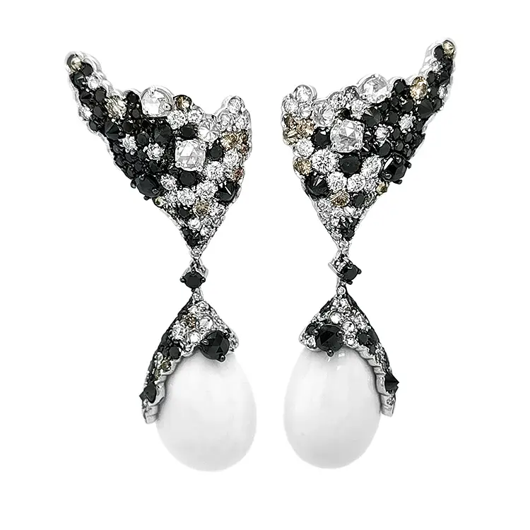 Gold Earrings with White Agates and Diamonds