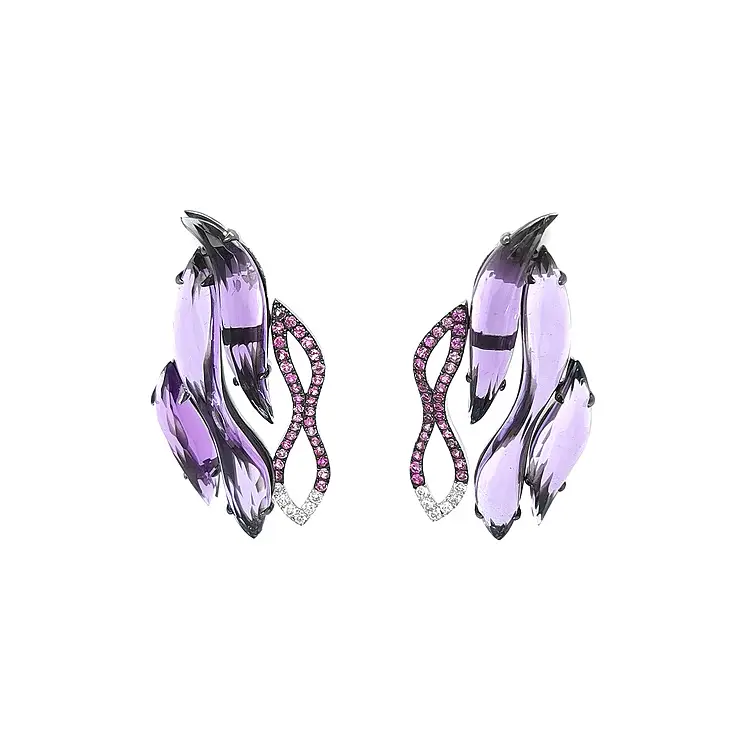Gold Earrings with Amethysts, Pink Sapphires and Diamonds