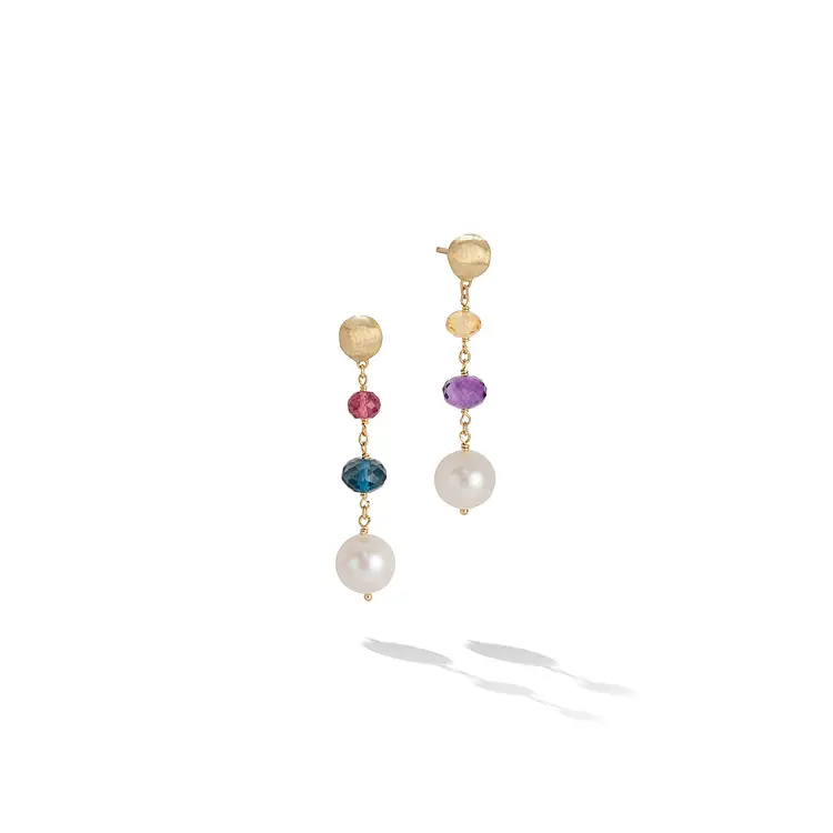 Gold Earrings with Pearls and Coloured Semi Precious Stones
