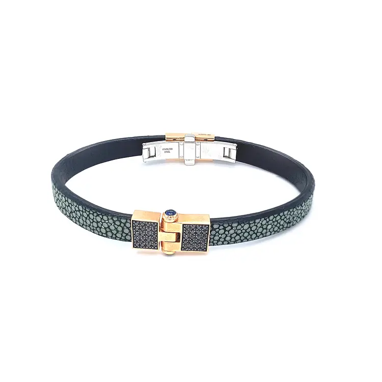 Gold Bracelet Baraka with Leather and Black Diamonds BR231081