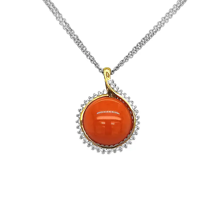 Gold Pendant with Coral and Diamonds