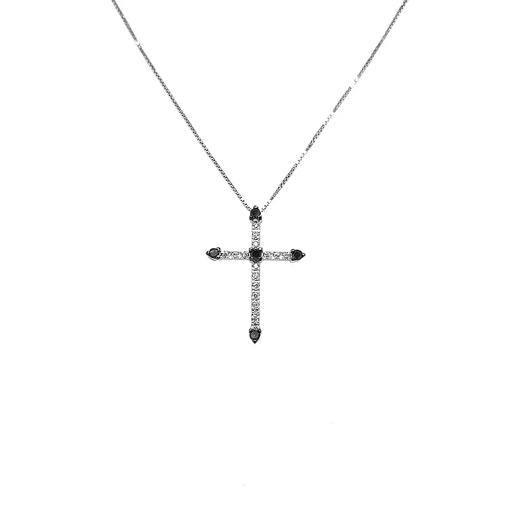 Gold Pendant Cross with Black and White Diamonds