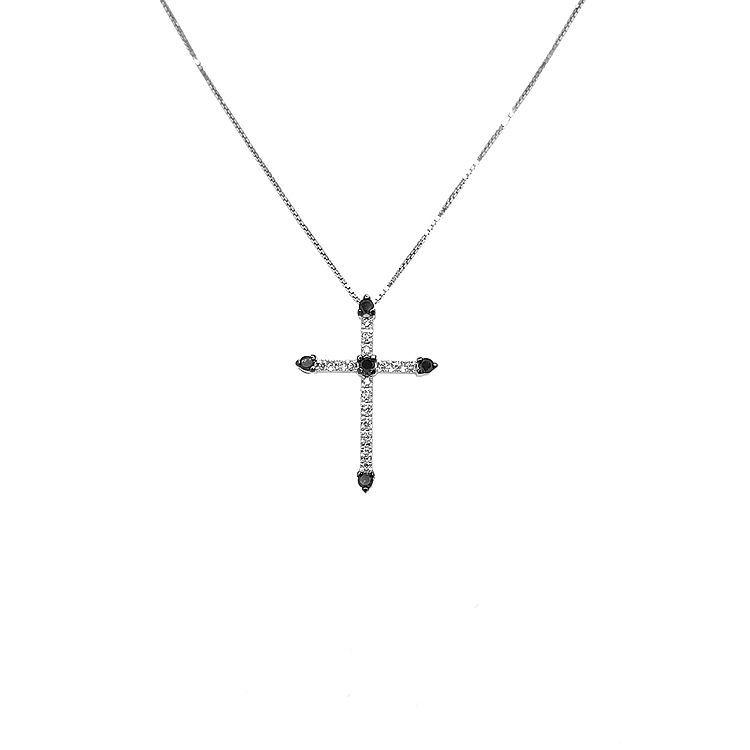 Gold Pendant Cross with Black and White Diamonds