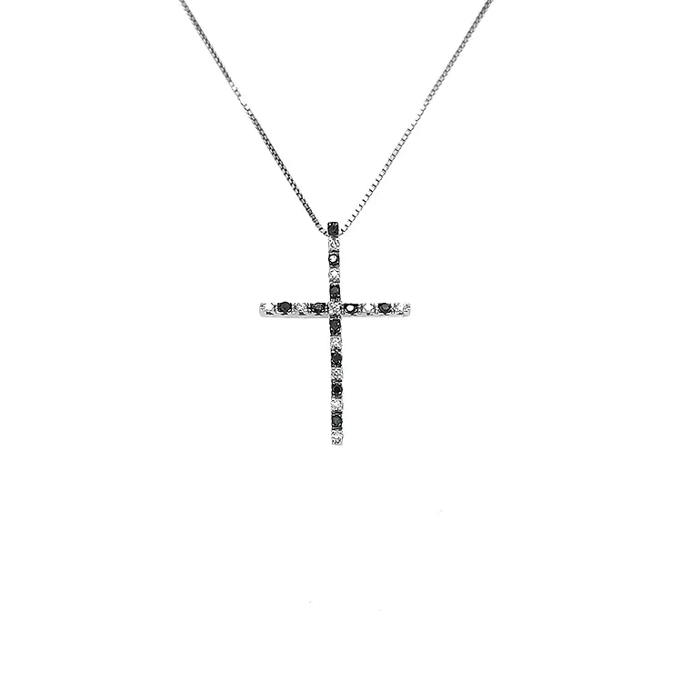 Gold Pendant Cross with Black and White Diamonds