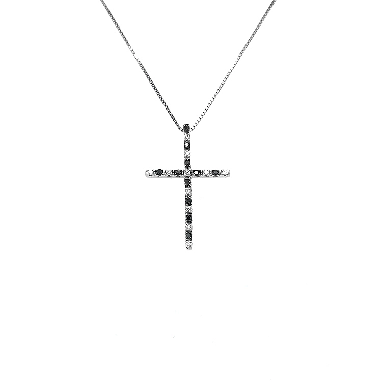 Gold Pendant Cross with Black and White Diamonds