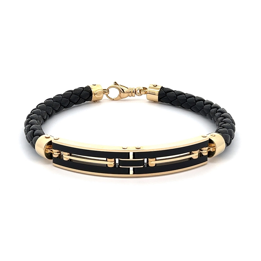 Gold Men's Leather Bracelet with Ceramic