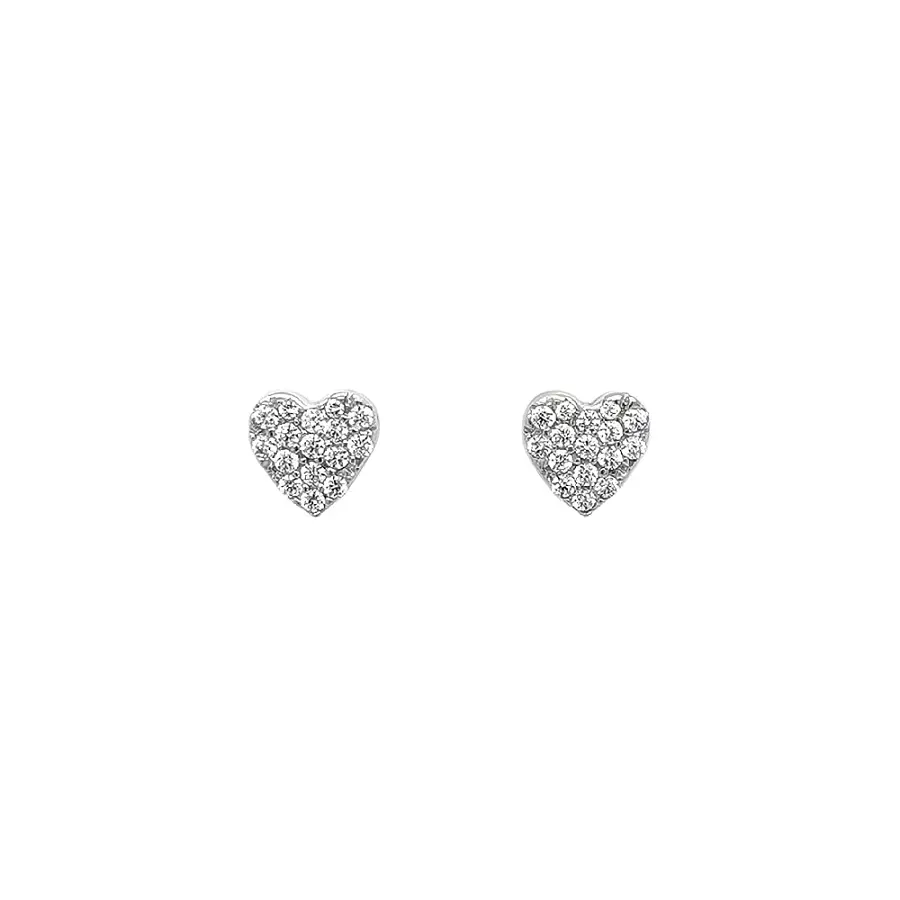 White Gold Heart Earrings Decorated with Sparkling Zircons