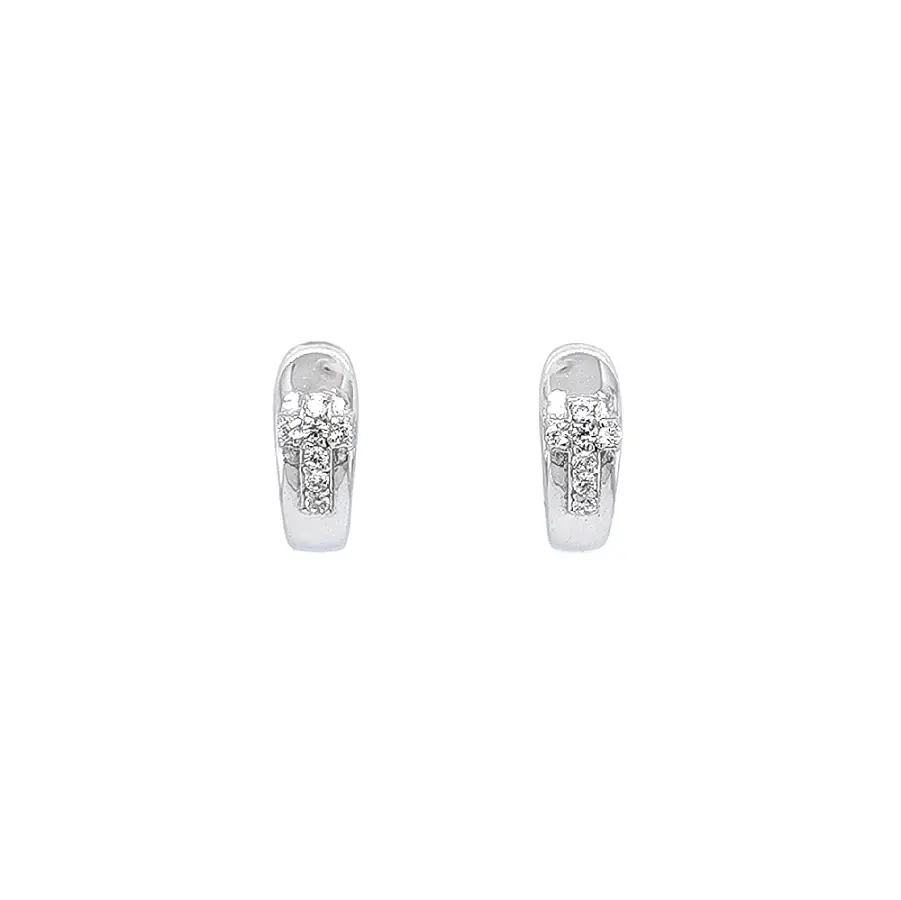 Round Earrings Cross with White Gold Zircons