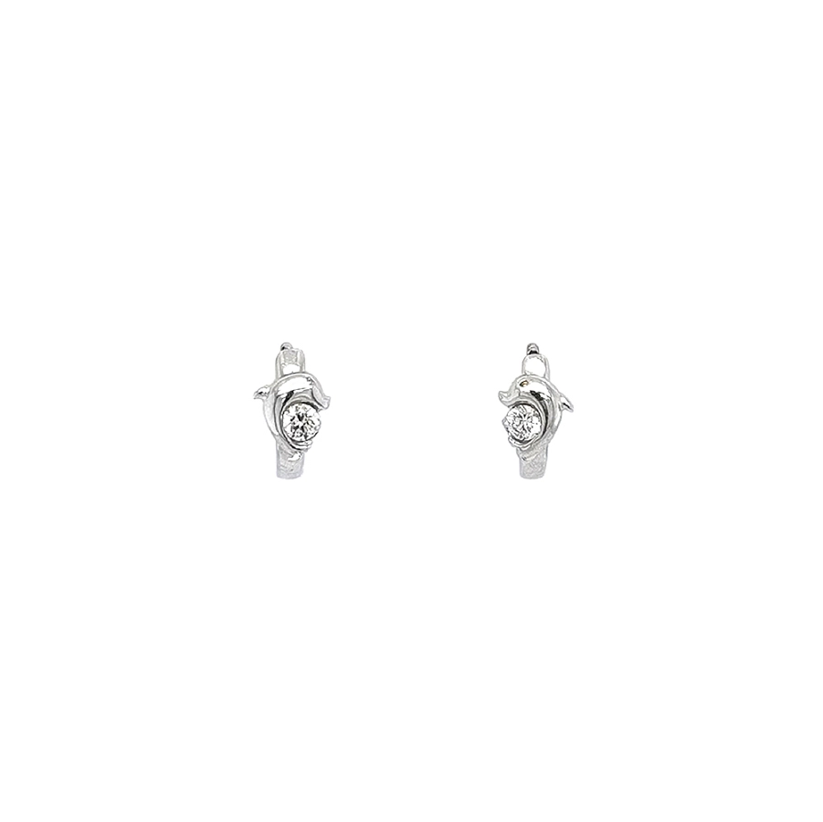 Round Earrings with Dolphin and White Gold Zircons
