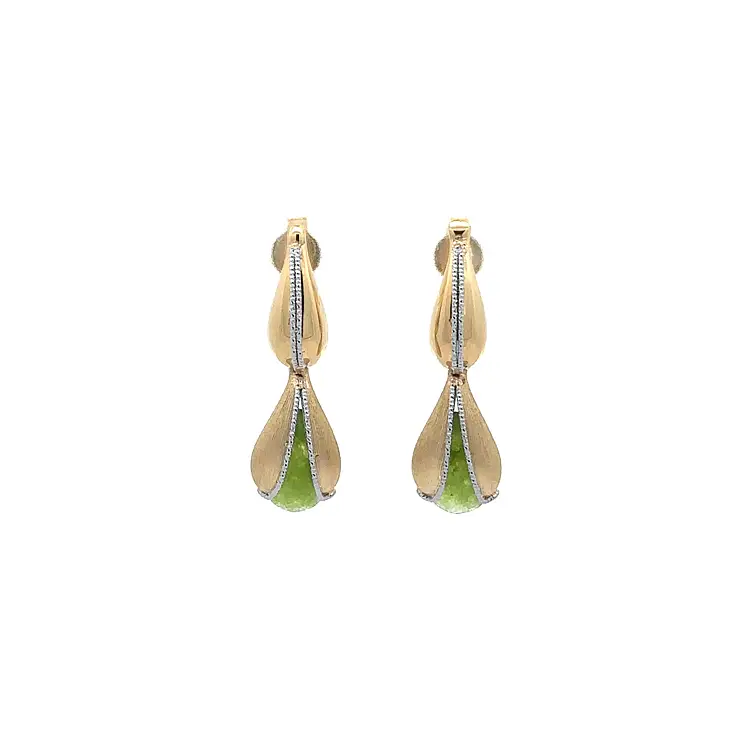 Gold dangle earrings with green stone