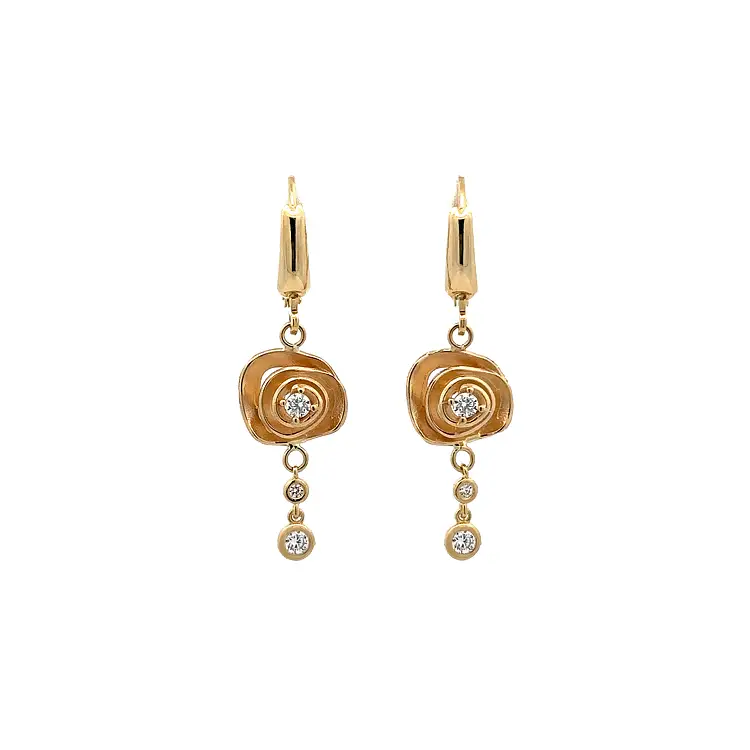 Gold dangle earrings with rose design and sparkling cubic zirconia