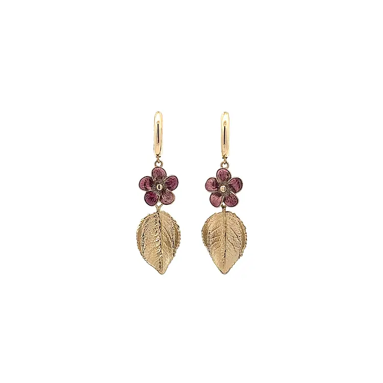 Yellow Gold dangle earrings with purple flower and gold leaf