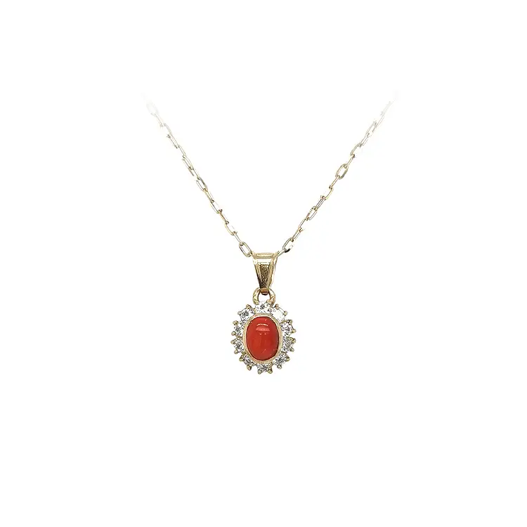 Gold Pendant with Coral and Zircons