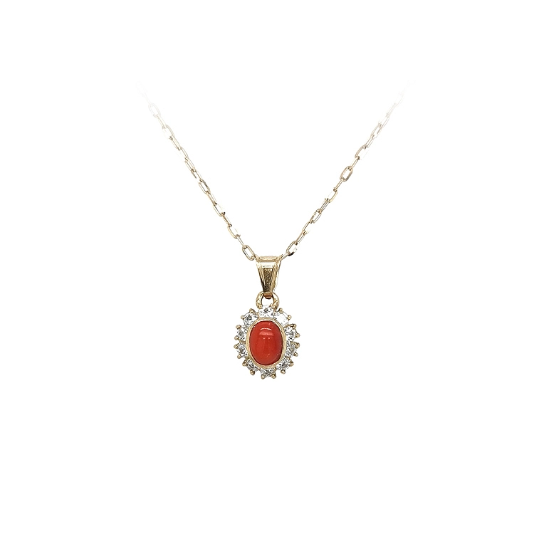 Gold Pendant with Coral and Zircons