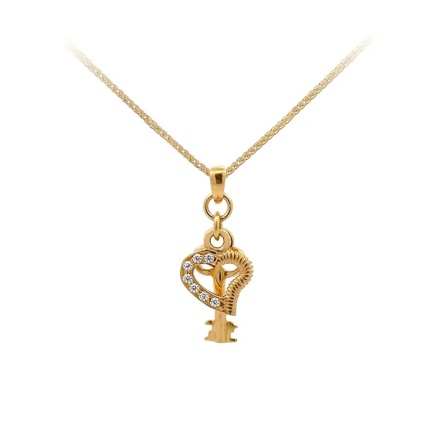 Gold Pendant Heart and Key with Zircons