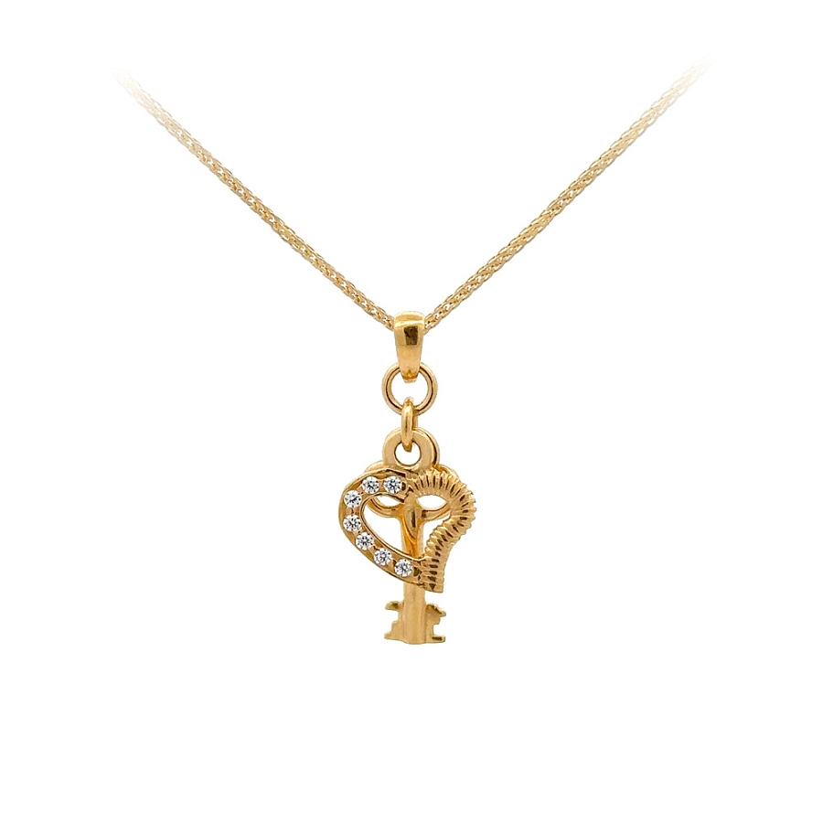 Gold Pendant Heart and Key with Zircons