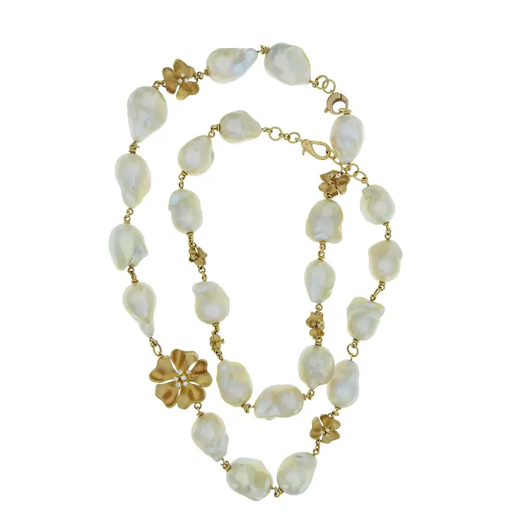 Gold Pearl Necklace with Diamonds
