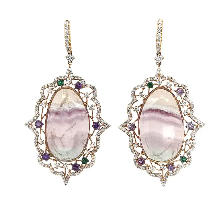 Gold Earrings Crivelli with Peridot, Rutile Amethyst and Diamonds