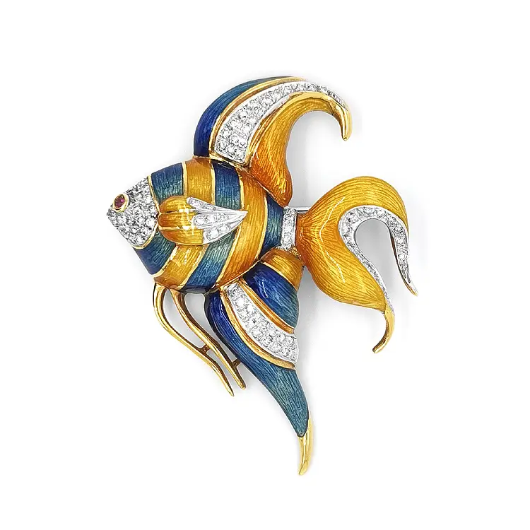 Gold Brooch Fish with Ruby and Diamonds