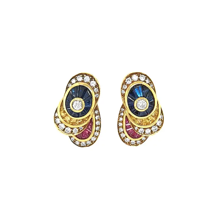 Gold Earrings with Rubies, Blue, Yellow Sapphires and Diamonds